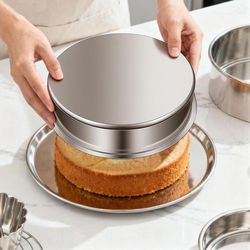 Ohtomber 8 Inch Cake Pan - Set of 4 Stainless Steel Round Layer Cake Baking Pans Molds, Tins, Stackable Baking Set, Even Heating, Dishwasher Safe Non-Toxic Bakeware Dish for Birthday Wedding Christmas - Image 3